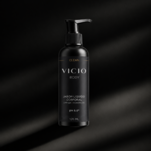 Jabón corporal líquido VICIO pH 5.0, botella negra con dosificador
