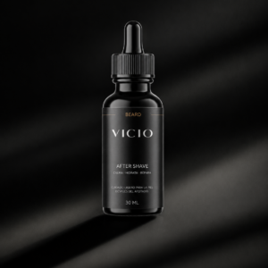After shave en suero VICIO, frasco gotero negro con luz y sombras sobre fondo oscuro