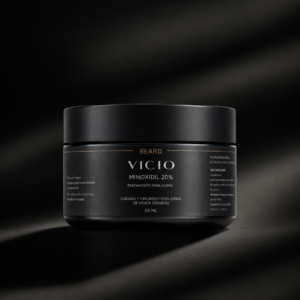 Bálsamo Minoxidil 20% VICIO, tarro negro para barba en estudio oscuro